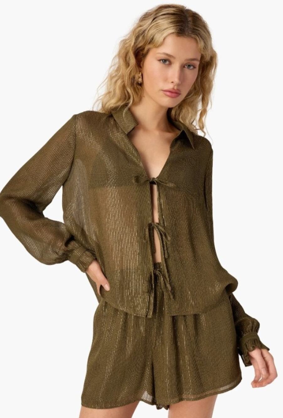 NWT Cami NYC Niecey Metallic Chiffon Blouse Grove Green Gold Stripe Tie Front XS